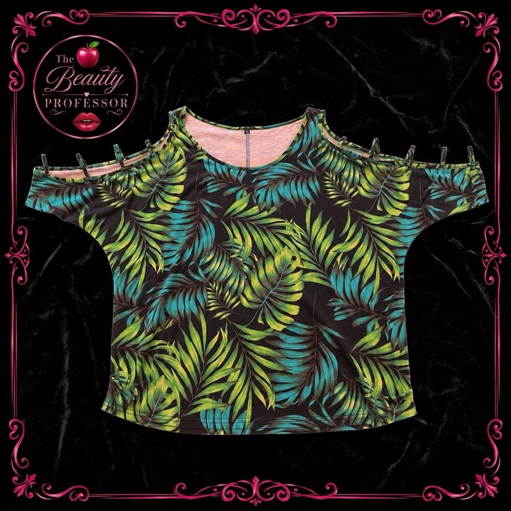 💋 Womens Tropical Leaf Print Cold Shoulder Strappy Top Open Shoulder Blouse